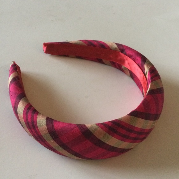 BIEN ABYE FUCHSIA MADRAS PLAID SILK HEADBAND PINK RED GOLD NWOT main image 7